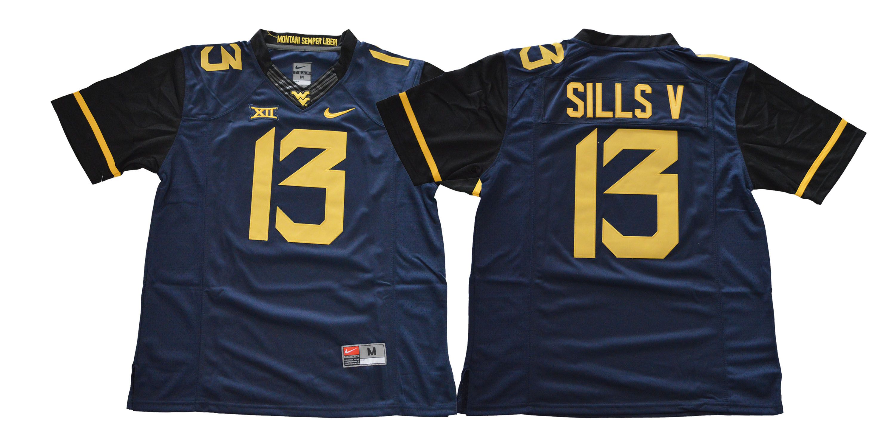 Men West Virginia Mountaineers #13 Sills v Blue NCAA Jerseys->denver broncos->NFL Jersey